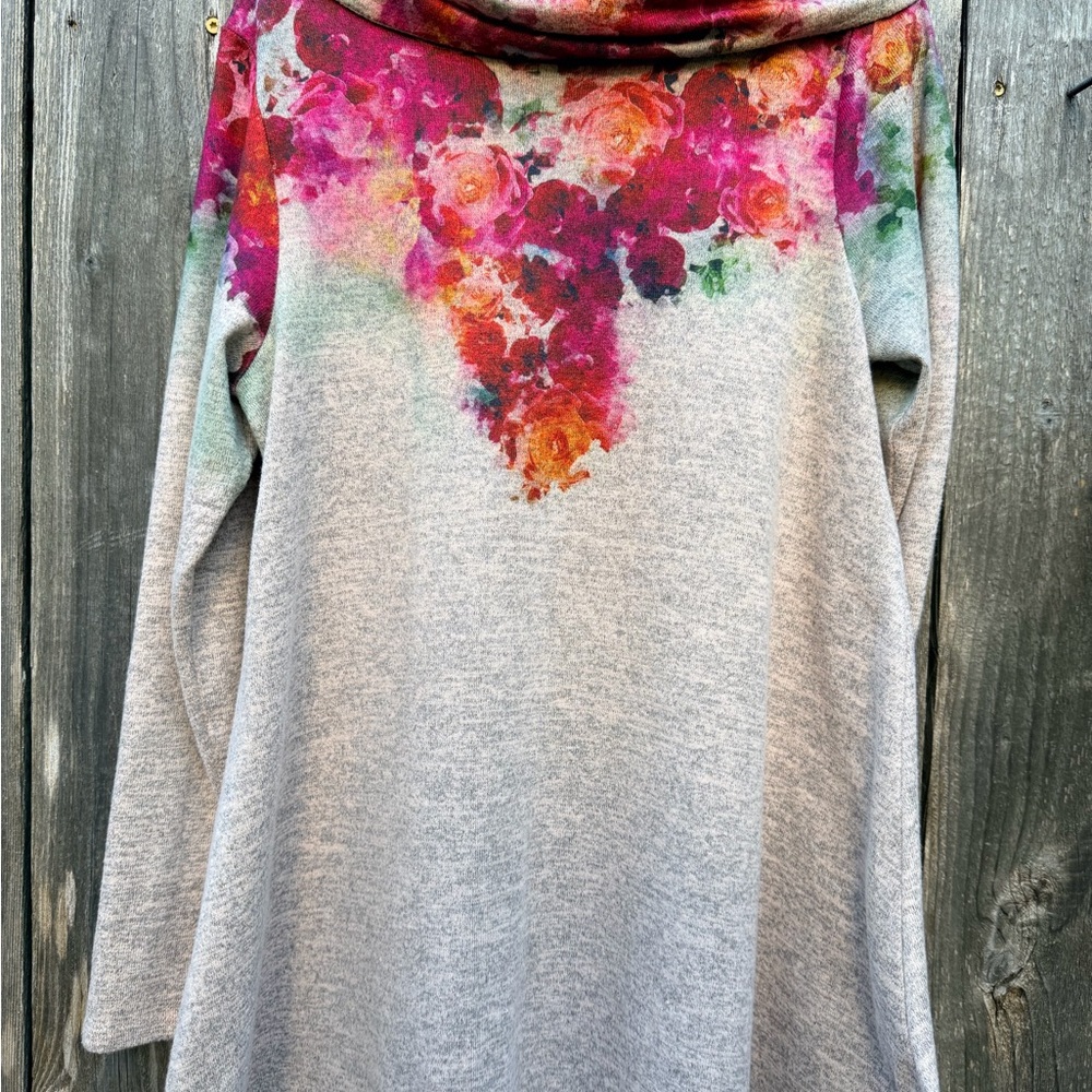 Passports Floral Cowl‎ Neck Tunic Top Gray Pink Rose Print Size Small